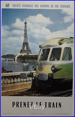 1960 Paris tour Eiffel SNCF prenez le train AFFICHE ORIGINALE ANCIENNE /R140