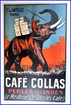 AFFICHE 1927 ORIGINALE LITHO CAFé COLLAS PERLE Cie des INDES TOURS éléphant
