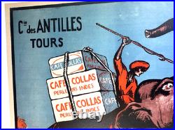 AFFICHE 1927 ORIGINALE LITHO CAFé COLLAS PERLE Cie des INDES TOURS éléphant