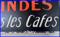 AFFICHE 1927 ORIGINALE LITHO CAFé COLLAS PERLE Cie des INDES TOURS éléphant