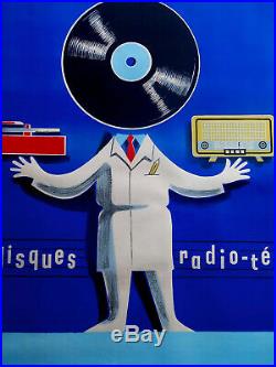 AFFICHE 1950 DISQUES-RADIO-TELE signée Béric. 157 x 114 cm
