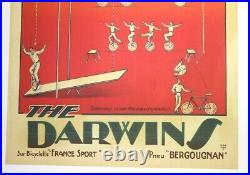 AFFICHE ANCIENNE CIRQUE CYCLISTE VELO DARWIN'S pneu BERGOUGNAN HARFORD 1920-30