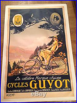 AFFICHE ANCIENNE ENTOILEE CYCLES GUYOT LA CELEBRE MARQUE SUISSE1915 no copy