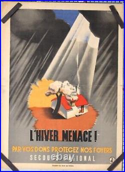 AFFICHE ANCIENNE L'HIVER MENACE circa 1940-50 SECOURS NATIONAL