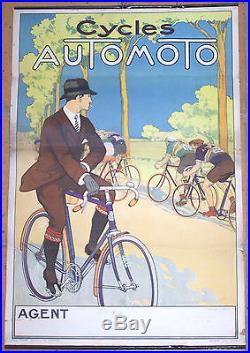 AFFICHE ANCIENNE ORIGINAL CYCLES AUTOMOTO COUREURS CYCLISTE CIRCA 1920