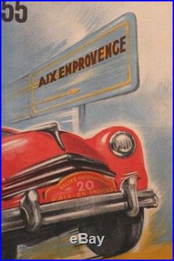 AFFICHE ANCIENNE ORIGINALE AIX EN PROVENCE 5eme RALLYE AUTOMOBILE 1955 litho car