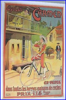 AFFICHE ANCIENNE ORIGINALE CYCLES CARMEN par MARODON bizet tauromachie vélo 1910