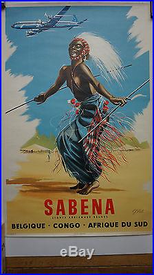 AFFICHE ANCIENNE SABENA AFRIQUE CONGO BELGE CIRCA 1950 DANSEUR AFRICAIN