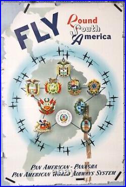 AFFICHE ANCIENNE ci 1950 PAN AMERICAN PANAGRA FLY ROUND SOUTH AMERICA