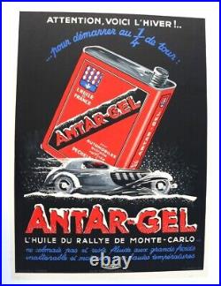 AFFICHE ANTAR 1933 RALLYE MONTE CARLO BIDON HUILE MOTEUR GARAGE litho Bugatti