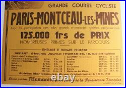 AFFICHE CYCLE 1946 JOURNAL L'Humanité Course vélo PARIS MONTCEAU les MINES