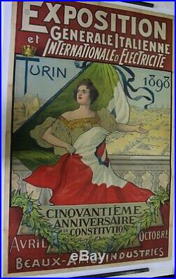 AFFICHE ITALIE ELECTRICITE TURIN 1898 G. CARPANETTO expo constitution 1848 litho