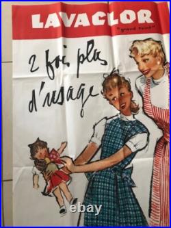 AFFICHE LAVACLOR GRAND TEINT TISSU BOUSSAC FILLE POUPEE 1950 COURONNE ref 55