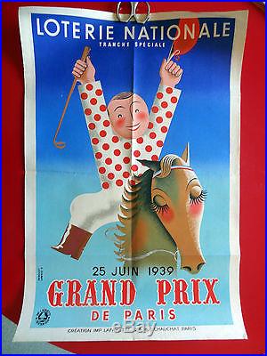 AFFICHE LOTERIE NATIONALE TRANCHE SPÉCIALE GRAND PRIX DE PARIS 1939