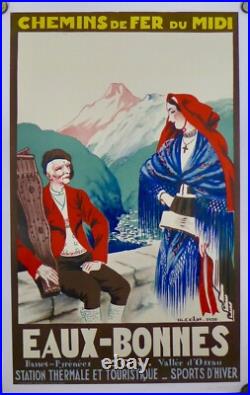AFFICHE ORIGINALE ENTOILEE EAUX BONNES PYRENEES par COLAS 1930