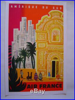 AFFICHE original lithographie entoilée AIR FRANCE / AMERIQUE DU SUD / VILLEMOT