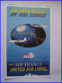 AFFICHE original lithographie entoilée AIR FRANCE / UNITED AIRLINES / VILLEMOT