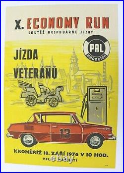 AFFICHE originale GARAGE SKODA Ceská republika Economy Run 1976 pompe essence