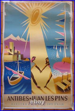 ANTIBES-JUAN LES PINS Côte d'Azur AFFICHE ANCIENNE ROLAND HUGON Vintage poster