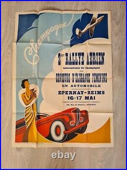 AUTHENTIQUE AFFICHE 1949 2è RALLYE AERIEN EPERNAY REIMS concour auto 78 X 57 CMS