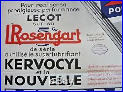 AUTOMOBILIA ancienne affiche originale Huile KERVOLINE ROSENGART LECOT 1930