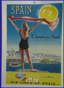 Affiche Ancienne Air Lines Of Spain Iberia Malaga Coast Of The Sun Espagne 1960