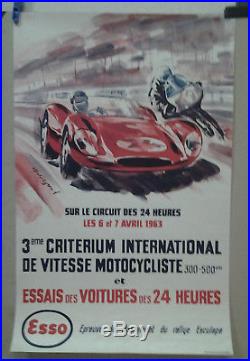 Affiche Ancienne Automobile 24 Heure Du Mans Auto Moto 1963 Belingond Esso