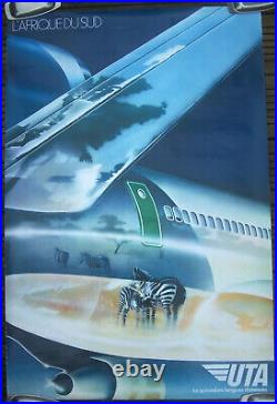 Affiche Ancienne Avion Aviation Zebre Afrique Du Sud Uta Circa 1970