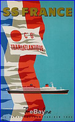 Affiche Ancienne Cie Generale Transatlantique Ss France French Line De Jacquelin