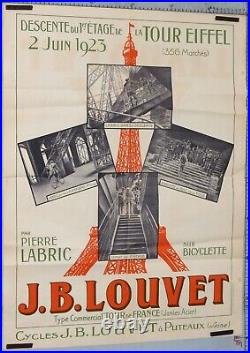 Affiche Ancienne Cycles Jb Louvet Descente Du 1er Eage De La Tour Eiffel 1923