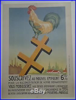 Affiche Ancienne Emprunt Meurthe & Moselle Guerre Coq Croix De Lorraine