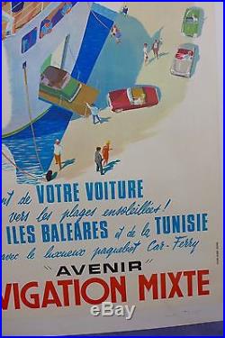 Affiche Ancienne Lithographique Cie Maritime Navigation Mixte Baléares Tunisie