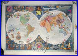 Affiche Ancienne Originale Années 50 Planisphère Aviation TAI Luc Marie BAYLE