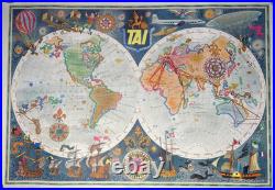 Affiche Ancienne Originale Années 50 Planisphère Aviation TAI Luc Marie BAYLE