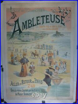 Affiche Ancienne Originale chemin de fer Ambleteuse entoilée 1903 RARISSIME