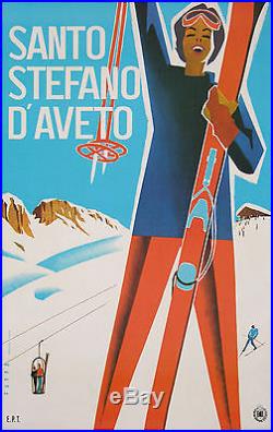 Affiche Ancienne Santo Stefano D'aveto Ski Montagne Par Puppo 1950