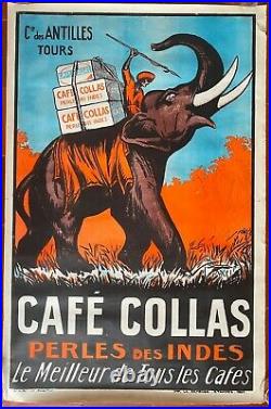 Affiche CAFE COLLAS Perles des Indes Le Meilleur de tous les Cafés Éléphant 1927