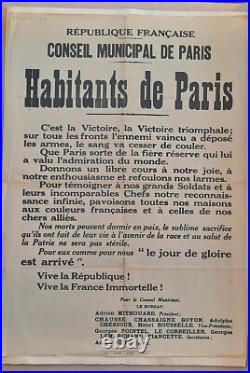 Affiche Conseil Municipal de Paris Habitants de Paris 11 novembre 1918