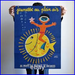 Affiche Hervé Morvan Jeunesse au Plein Air Le Nageur sous-Marin 1975