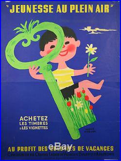 Affiche, Jeunesse au plein air, colonnies vacances, par Hervé Morvan, 1951. Clée