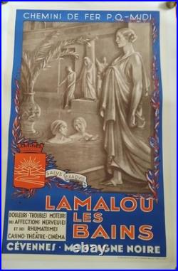 Affiche Lamalou-les-Bains vers 1930 Chemins de fer P. O. Midi