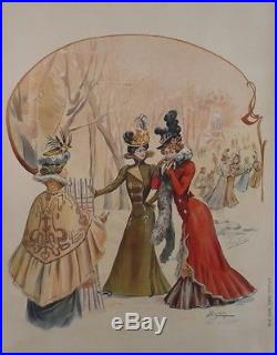 Affiche Originale 1900 Ancienne Mode Chapeau Femmes Taille Fine Aigrette