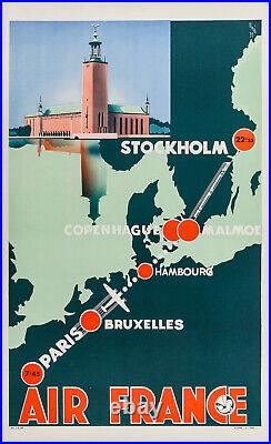 Affiche Originale Air France, Vinci, Paris Stockholm, Bruxelles Copenhague, 1935