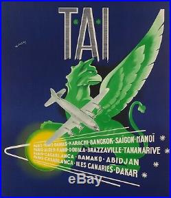 Affiche Originale Aviation W. Pera TAI Afrique Asie Indochine 1950