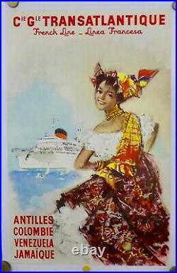 Affiche Originale Cie Gale Transatlantique FRENCH LINES ANTILLES