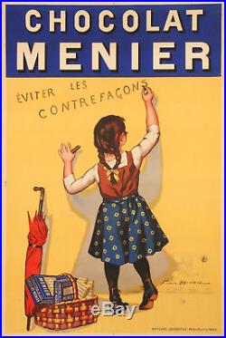 Affiche Originale F. Bouisset Chocolat Menier éviter les contrefaçons 1893