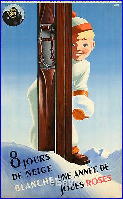 Affiche Originale Roland Hugon 8 Jours de Neige Ski Montagne 1938