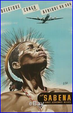 Affiche Originale Sabena Congo Belgique Afrique du sud Aviation 1950
