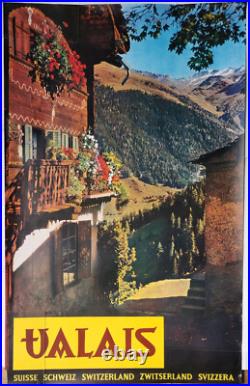 Affiche Originale vieux Chalet fleuri aux pieds des neiges éternelles VAL HÉRENS