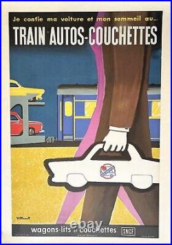 Affiche SNCF Villemot 1964 Train autos-couchettes Lithography